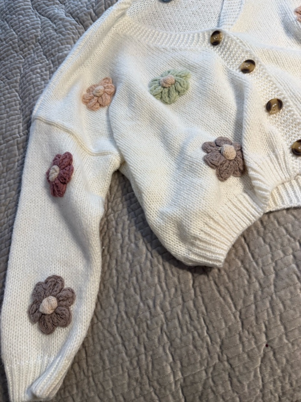 ARULA Cream V-Neck Cardigan with Multicolor Flower Appliqués - Picture 3 of 6